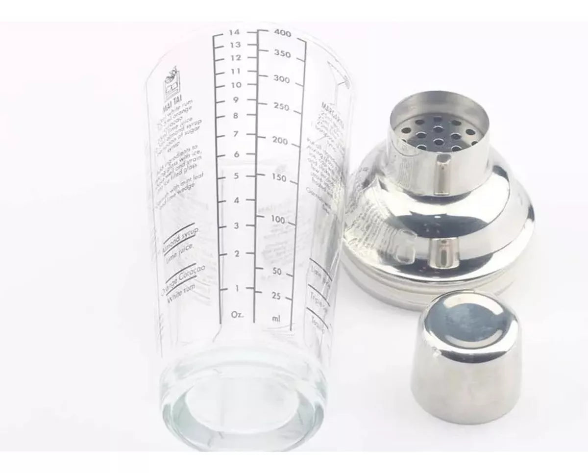 Coctelera de Cristal con Recetas para Cócteles - 450 ml y Tapa de Acero para Aficionados y Profesionales