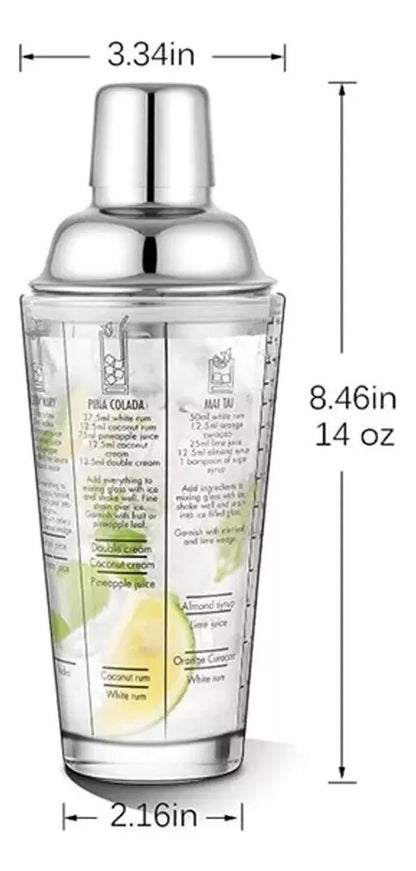 Coctelera de Cristal con Recetas para Cócteles - 450 ml y Tapa de Acero para Aficionados y Profesionales